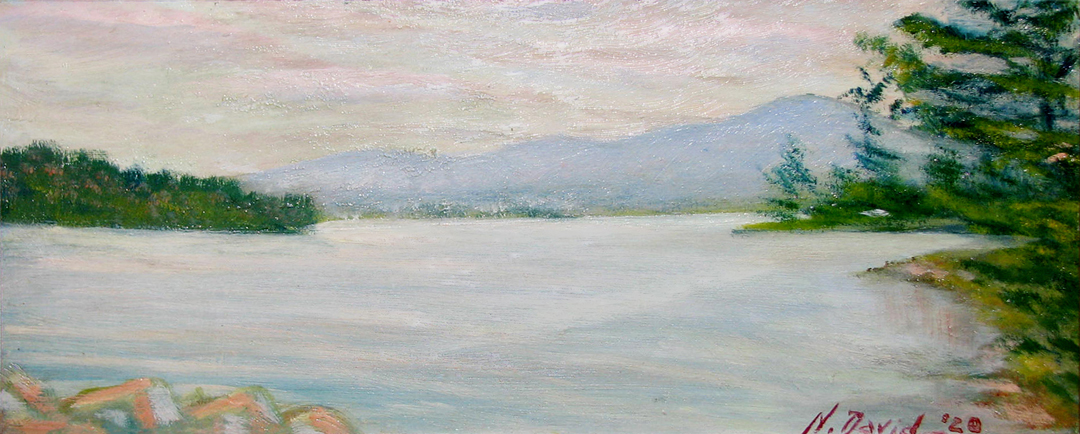 Le lac des Deux Montagnes (à la gauche du tableau, vue sur l’extrémité est de l’île Cadieux) - Source : N. David, Collection du Musée régional de Vaudreuil-Soulanges, 1920